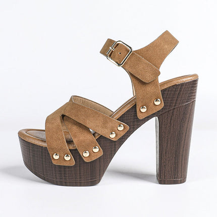 Shoeswoon Stylish Cut Out Cross Band Wooden Look Summer Platform Sandals