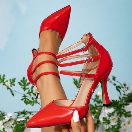 Shoeswoon Red Patent Leather Pointed Toe Triple Buckle Strap Stiletto Heel Pumps