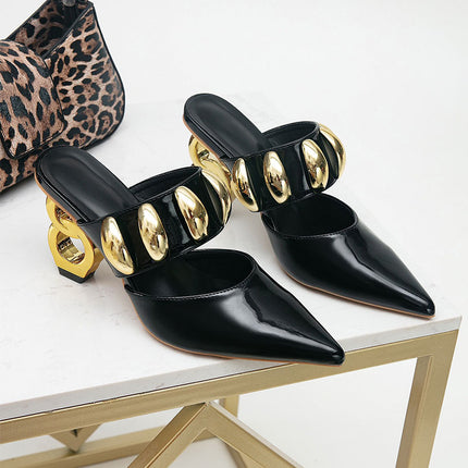 Shoeswoon Bold Pointed Toe Gold Bead Slip On Metallic Sculpted Heel Mule Heels