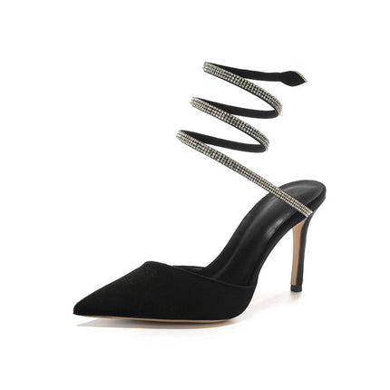 Shoeswoon Sleek Pointed Toe Rhinestone Wrap Around Stiletto Heels