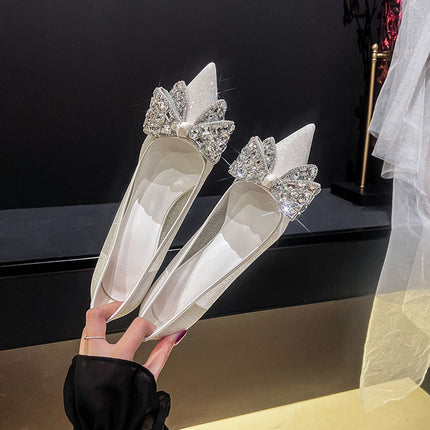 Shoeswoon Elegant Pointed Toe Rhinestone Bow Stiletto Slip On Heels