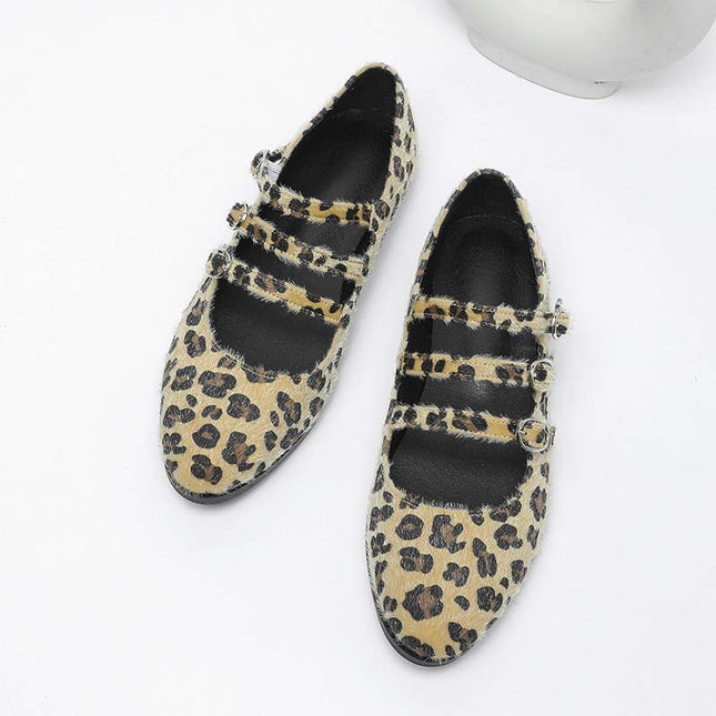 Shoeswoon Furry Leopard Adjustable Buckle Casual Mary Jane