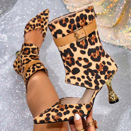 Shoeswoon Leopard Print Pointed Toe Cutout Spiked Heel Ankle Boots