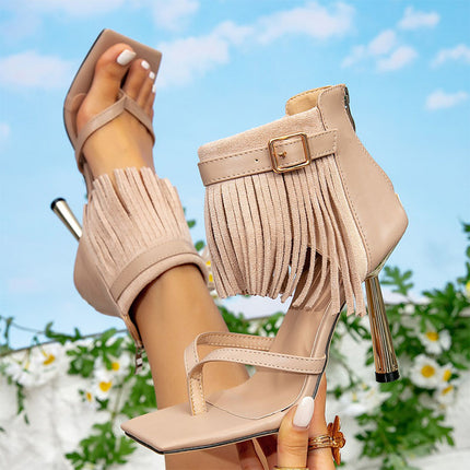 Shoeswoon Fringe Tassel Thong Square Toe Buckle Strap Metallic Stiletto Ankle Bootie Sandals