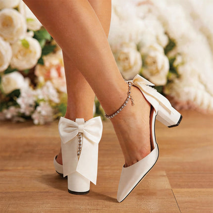 Shoeswoon Everafter Romance Bow Back Rhinestone Ankle Strap Pumps
