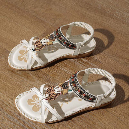 Shoeswoon Ethnic Vintage Beaded Ankle Strap Summer Flat Sandals