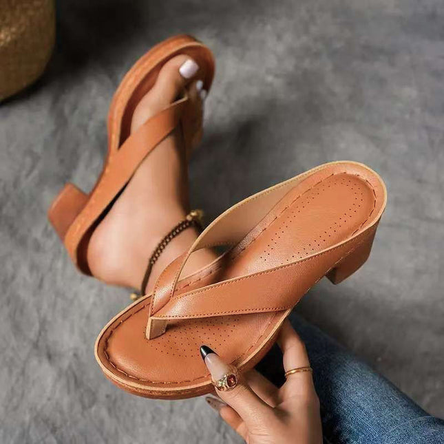 Shoeswoon Brown Casual Slip-On Open Toe Chunky Heel Thong Mules