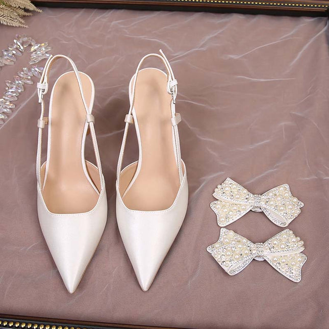 Shoeswoon Removable Rhinestone Bow Wedding Slingback Stiletto High Heels