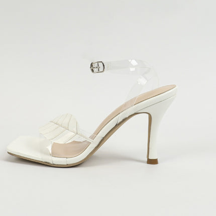 Shoeswoon Square-Toe Leaf Accent Stiletto Sandals