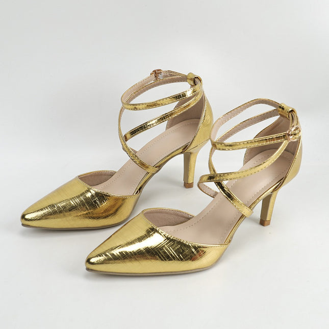 Shoeswoon Metallic Gold Pointed Toe Ankle Strap Kitten Heels