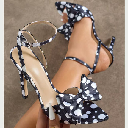 Shoeswoon Polka Dot Bow Stiletto Heel Ankle Strap Sandals