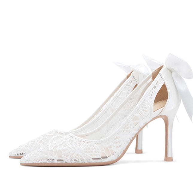 Shoeswoon Back Bow Cutout Lace Wedding Stiletto High Heels