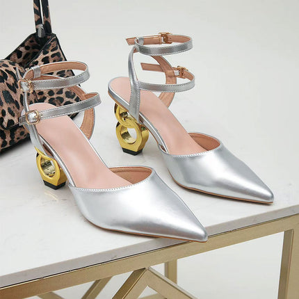 Shoeswoon Sharp Pointed Toe Double Buckle Adjustable Metallic Sculpted Heel Ankle Strap Heels