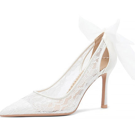 Shoeswoon Delicate Lace Mesh Bow Decor Pointed Toe Stiletto Heels