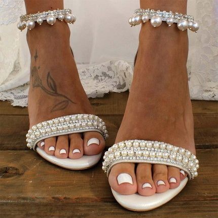 Shoeswoon Bridal Pearl Rhinestone Open Toe Chunky Heel Sandals