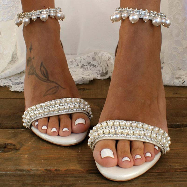 Shoeswoon Bridal Pearl Rhinestone Open Toe Chunky Heel Sandals
