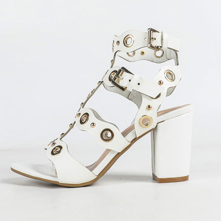 Shoeswoon Grommet Studded Open Toe Double Buckle Block Heel Gladiator Sandals