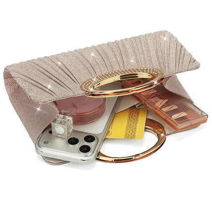 Shoeswoon Pleated Glitter Rhinestone Ring Handle Evening Clutch