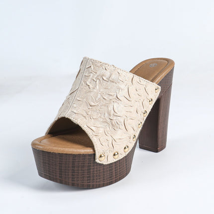 Shoeswoon Rivet Peep Toe Slip On Chunky Heels