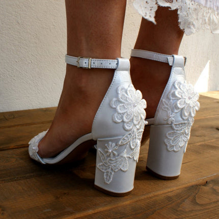 Shoeswoon Romantic Floral Lace Bridal Chunky Heel Ankle Strap Sandals