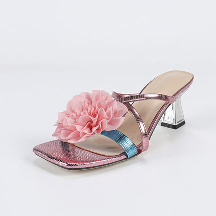 Shoeswoon Elegant Flower Metallic Strap Chunky Heel Mule Slippers