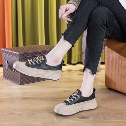 Shoeswoon Genuine Leather Platform Lace Up Casual Sneakers