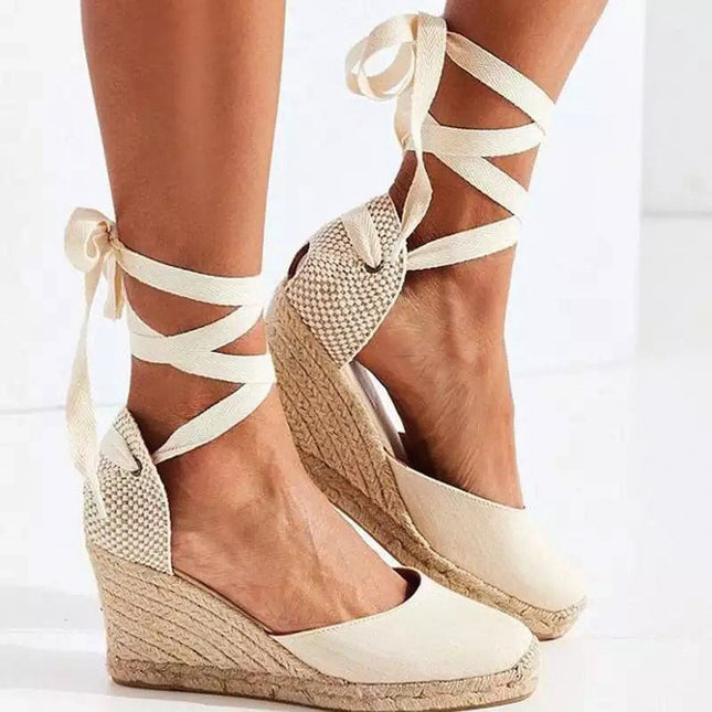 Shoeswoon Elegant Round Toe Ankle Lace Up Espadrille Wedge Sandals