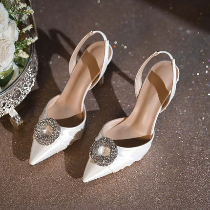 Shoeswoon Timeless Love Pointed Toe Ruched Crystal Stiletto Slingback Pumps