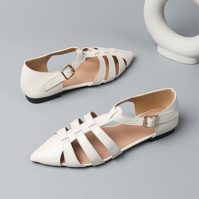 Shoeswoon Pointed Toe T-Strap Cutout Women Flat Sandals