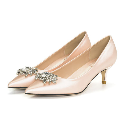 Shoeswoon Elegant Pointed Toe Cluster Crystal Kitten Heel Slip On Heels