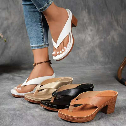 Shoeswoon Gold Casual Slip-On Open Toe Chunky Heel Thong Mules