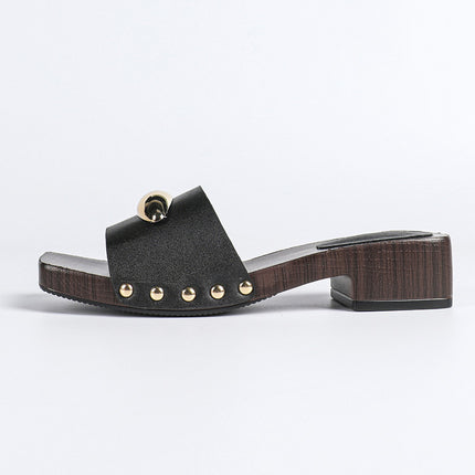 Shoeswoon Chic Metal Decor Open Toe Low Block Heel Slide Slippers