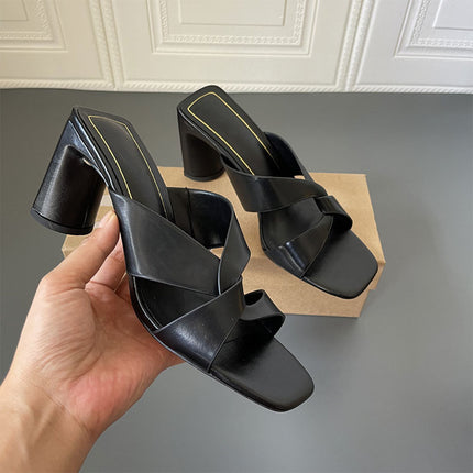 Shoeswoon Minimalist Square Toe Crisscross Chunky Heel Slide Mule Heels