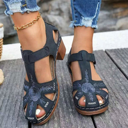 Shoeswoon Vintage Floral Embroidered Cutout Chunky Heel Closed Toe Sandals
