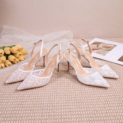 Shoeswoon Sheer Mesh Love Pattern Slingback Stiletto High Heels