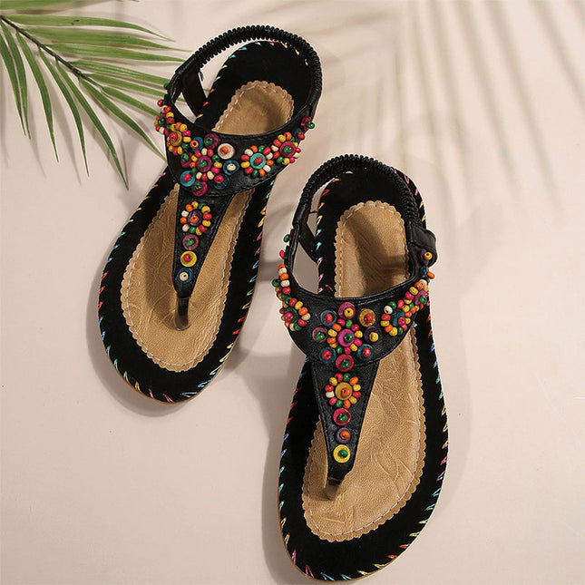 Shoeswoon Colorful Beaded Thong Slingback Flat Sandals