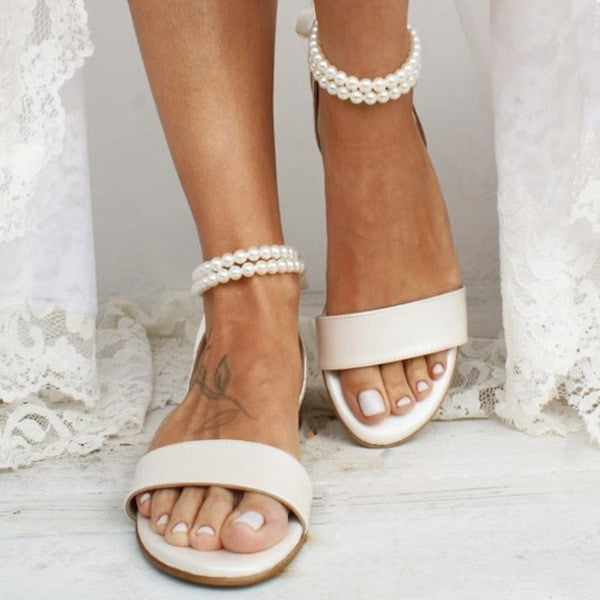 Shoeswoon Elegant Pearl Ankle Wrap Open Toe Ankle Tie Flat Sandals