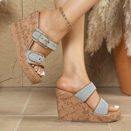 Shoeswoon Two Band Raffia Buckle Detail Cork Platform Wedge Slide Sandals