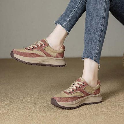 Shoeswoon Genuine Leather Patchwork Platform Lace Up Sneakers