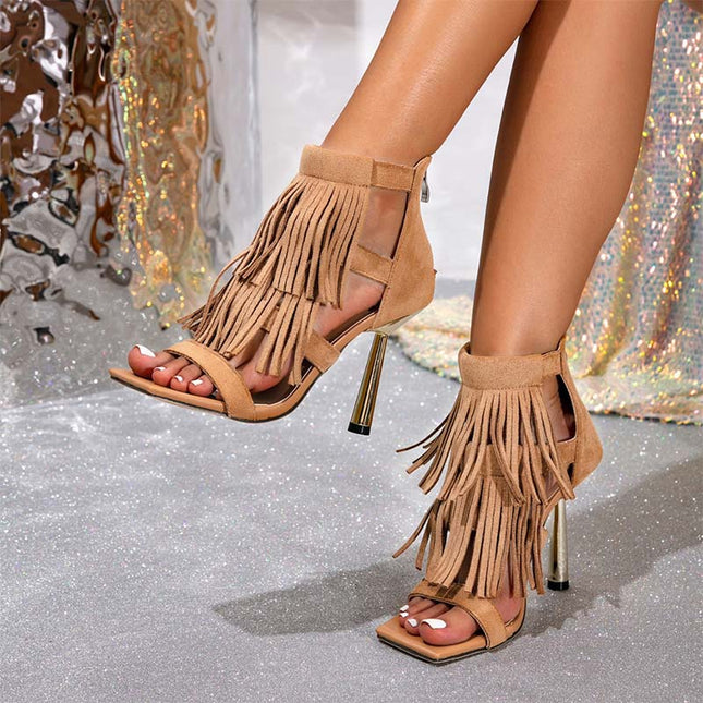 Shoeswoon Layered Fringe Tassel Square Toe Cutout Metallic Stiletto Ankle Sandals