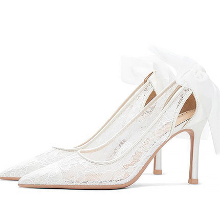 Shoeswoon Delicate Lace Mesh Bow Decor Pointed Toe Stiletto Heels