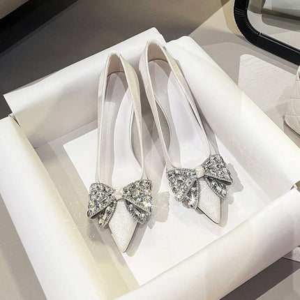 Shoeswoon Elegant Pointed Toe Rhinestone Bow Stiletto Slip On Heels