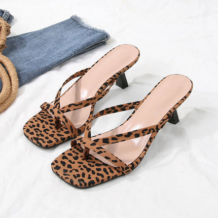 Shoeswoon Leopard Chic Minimalist Square Toe Heeled Thong Sandals