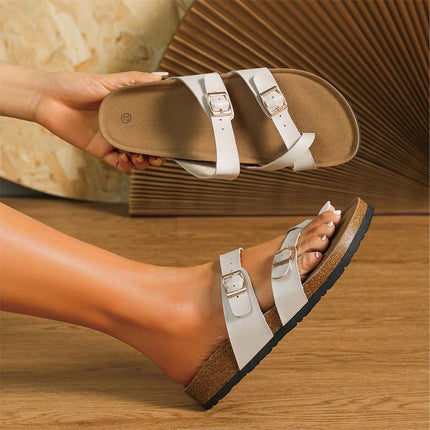 Shoeswoon Adjustable Double Strap Flat Cork Sandals Birkenstock