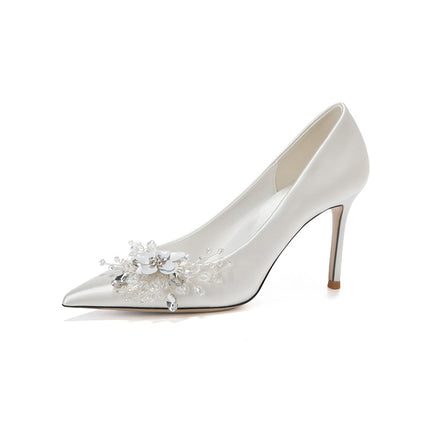 Shoeswoon Elegant Pointed Toe Floral Crystal Stiletto Slip On Heels