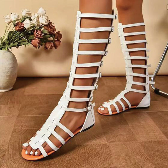Shoeswoon Knee High Gladiator Multi Buckle Straps Flat Sandals