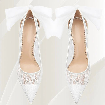 Shoeswoon Delicate Lace Mesh Bow Decor Pointed Toe Stiletto Heels