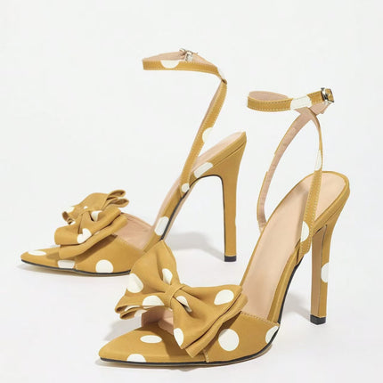 Shoeswoon Polka Dot Bow Stiletto Heel Ankle Strap Sandals