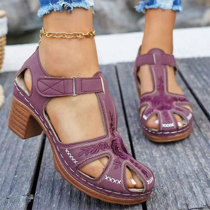 Shoeswoon Vintage Floral Embroidered Cutout Chunky Heel Closed Toe Sandals