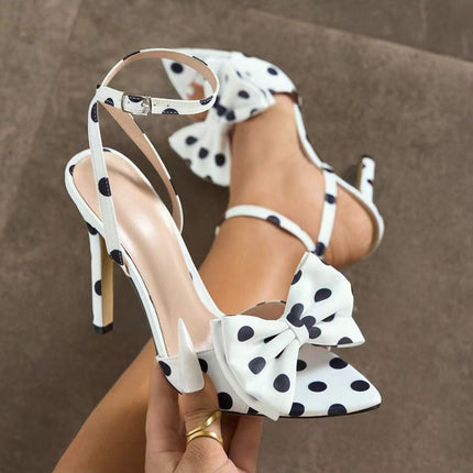 Shoeswoon Polka Dot Bow Stiletto Heel Ankle Strap Sandals